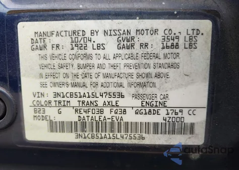 2005 Nissan Sentra 1.8S z USA, uszkodzony, nr VIN 3N1CB51A15L475536